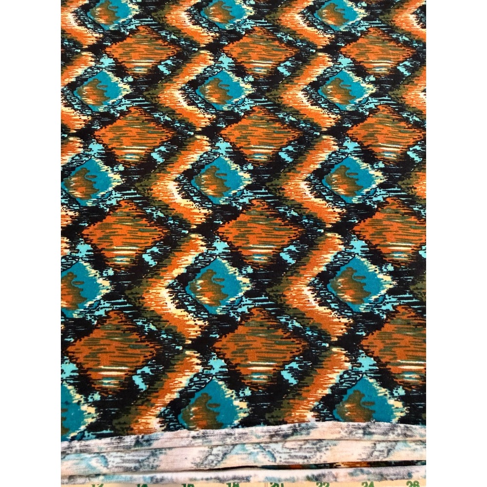 Vintage Geometric Ikat Diamond Jersey Knit Fabric 56 Wide Teal Brown Retro 2 Yd